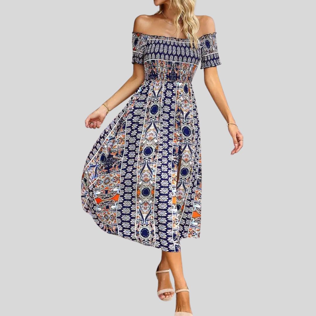 Off-the-shoulder boho maxi jurk met ruches bovenaan