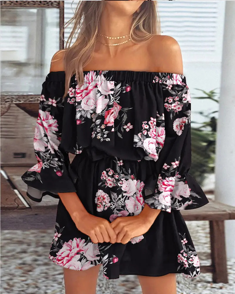 Off-the-shoulder jurk met boho bladprint