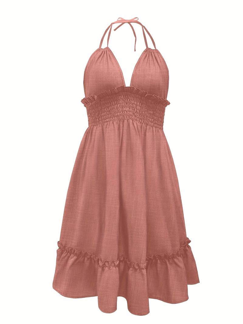 Rugloze jurk met ruches en halternek