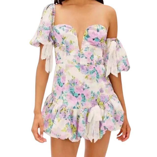 Off-the-shoulder playsuit met kanten rand en bloemenpatroon