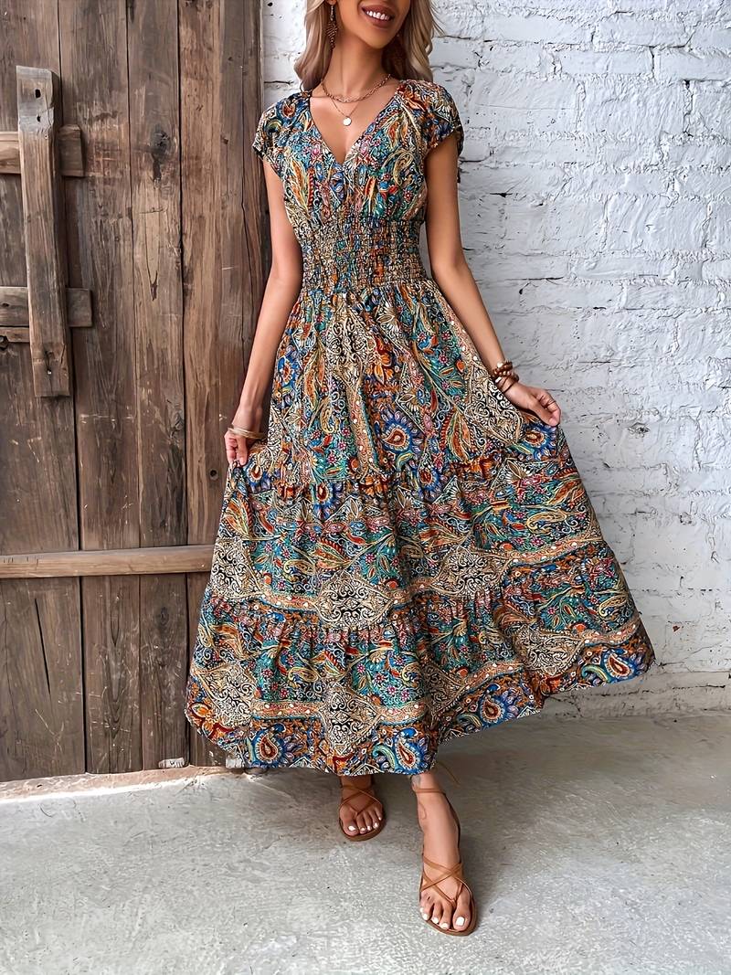 Lange jurk met paisley-detail met ruches