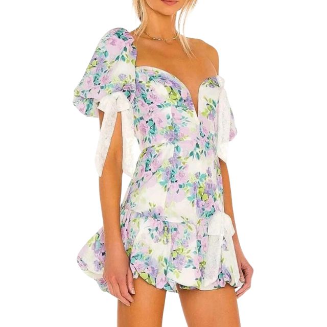 Off-the-shoulder playsuit met kanten rand en bloemenpatroon