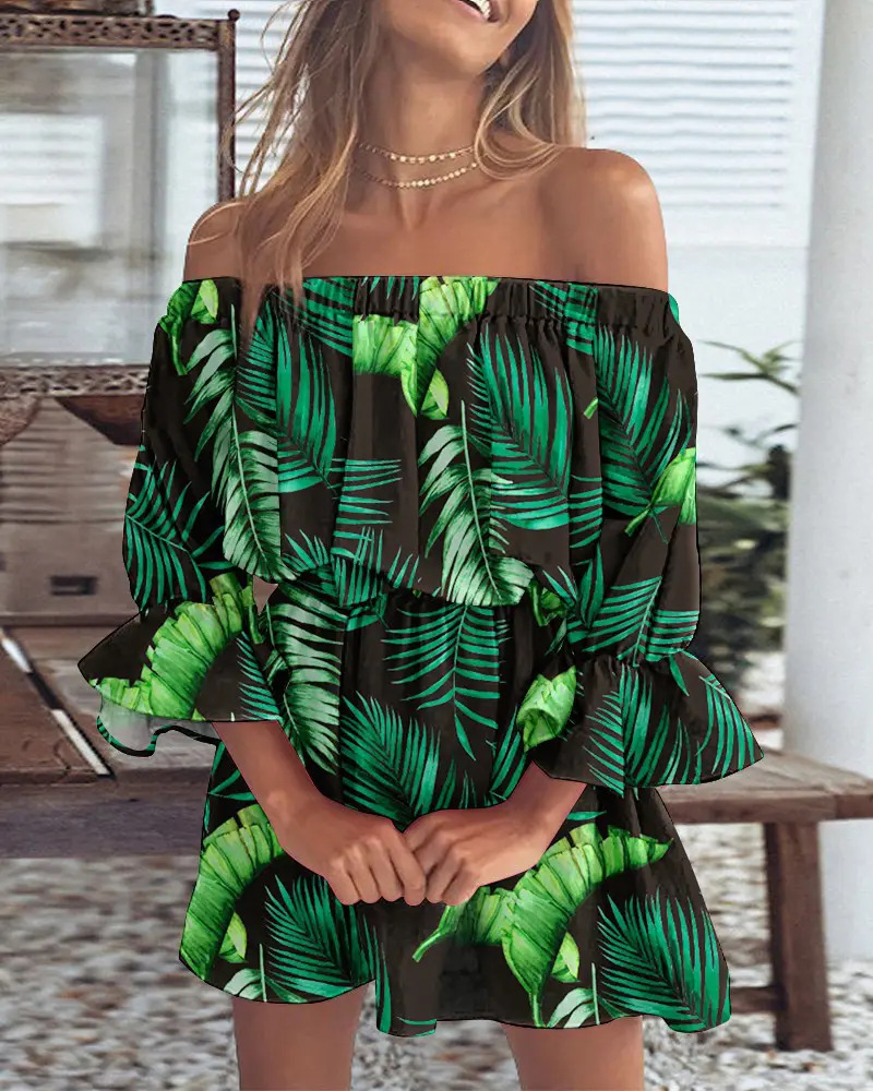 Off-the-shoulder jurk met boho bladprint