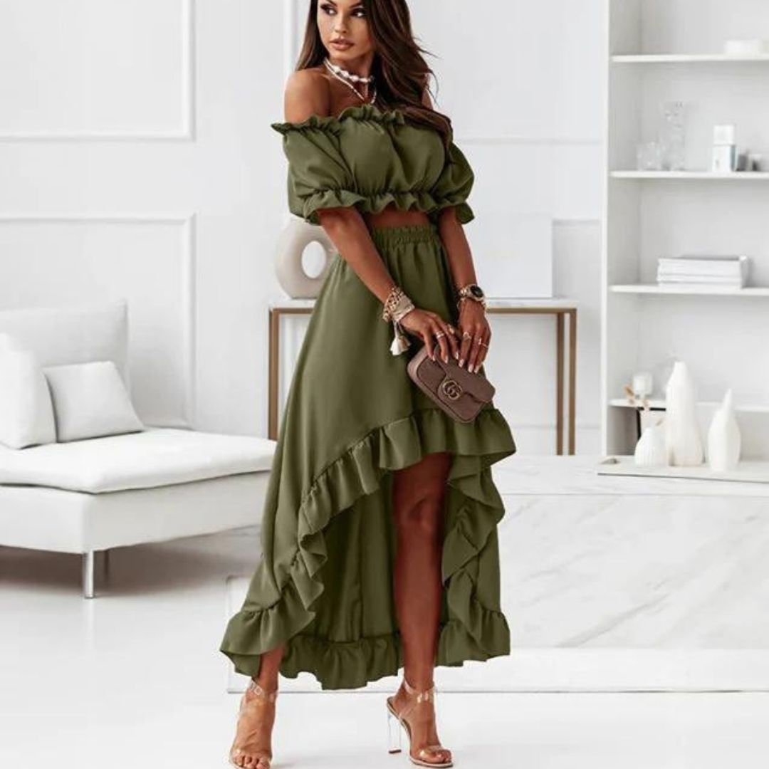 Off-the-shoulder jurk met ruches en hoog-laag zoom