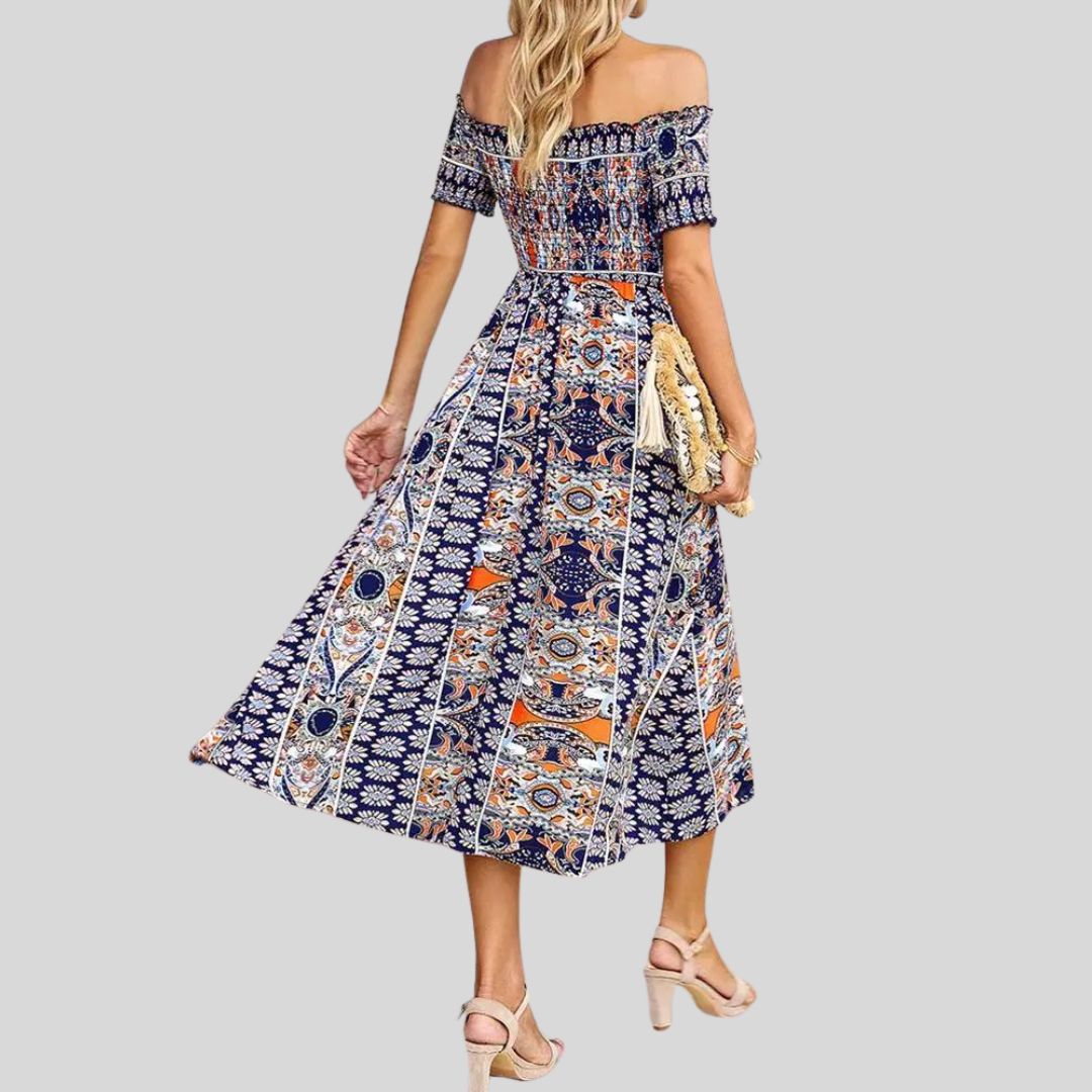 Off-the-shoulder boho maxi jurk met ruches bovenaan
