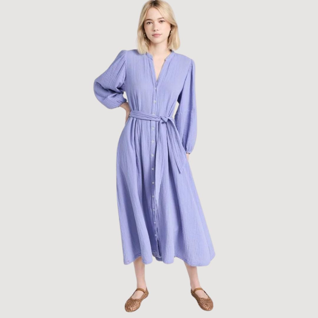 Midi-jurk van kreukstof met tailleband en ceintuur