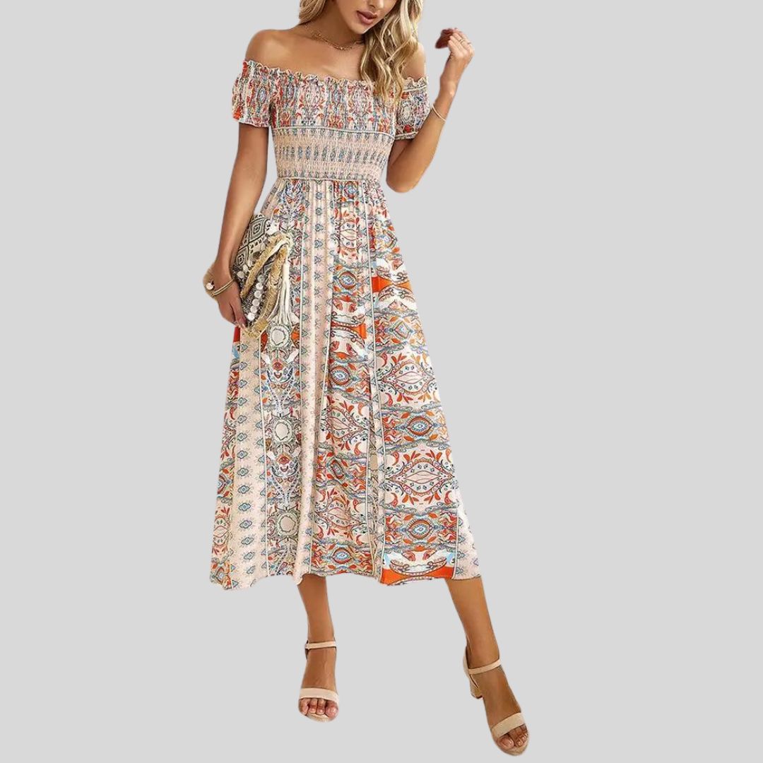 Off-the-shoulder boho maxi jurk met ruches bovenaan