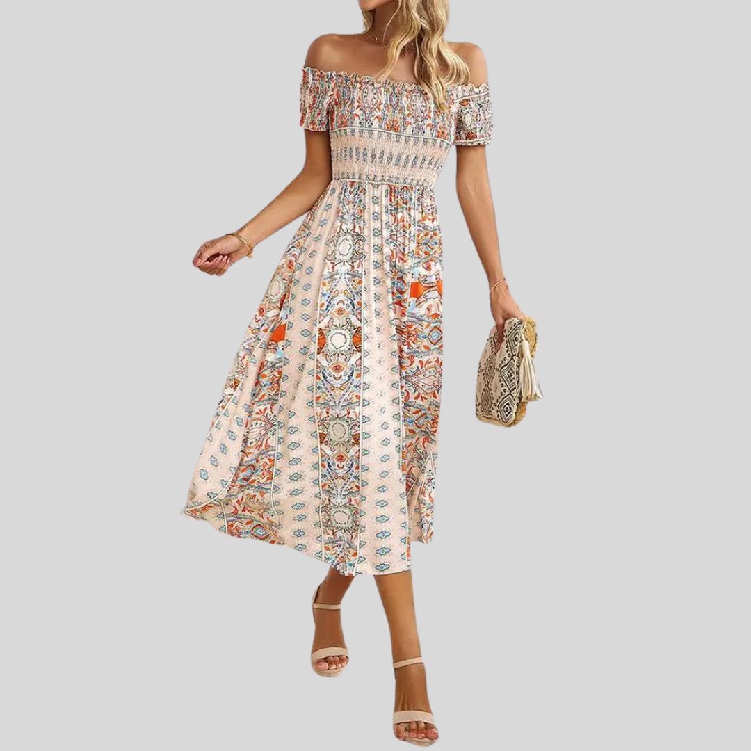 Off-the-shoulder boho maxi jurk met ruches bovenaan