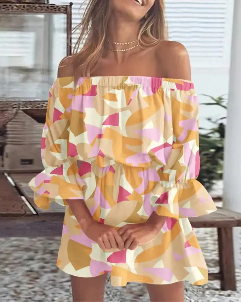 Off-the-shoulder jurk met boho bladprint
