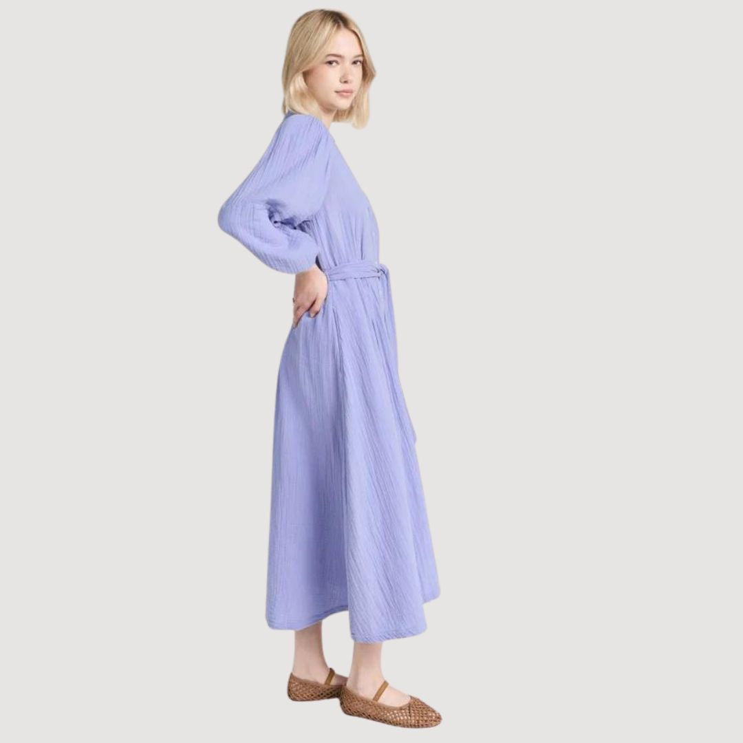 Midi-jurk van kreukstof met tailleband en ceintuur