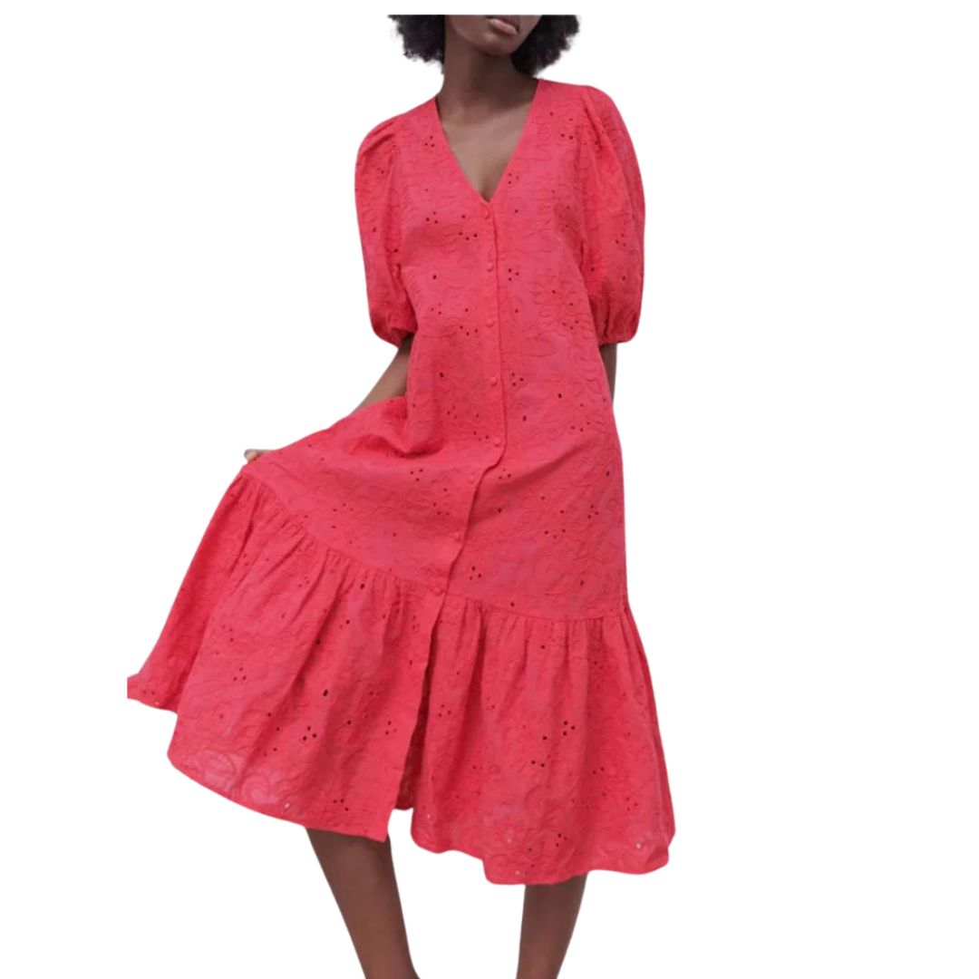 Midi-jurk met eyeletborduursel en pofmouwen