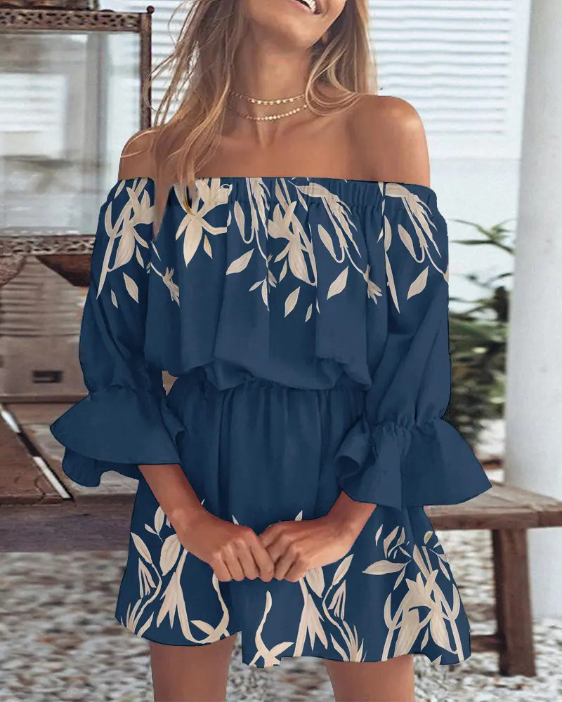Off-the-shoulder jurk met boho bladprint