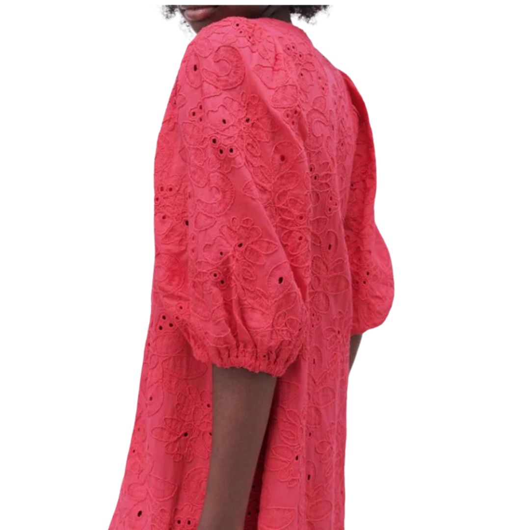 Midi-jurk met eyeletborduursel en pofmouwen