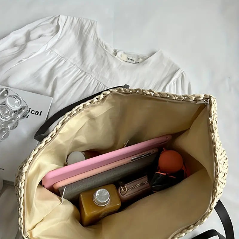 Geweven draagtas met leren riemen