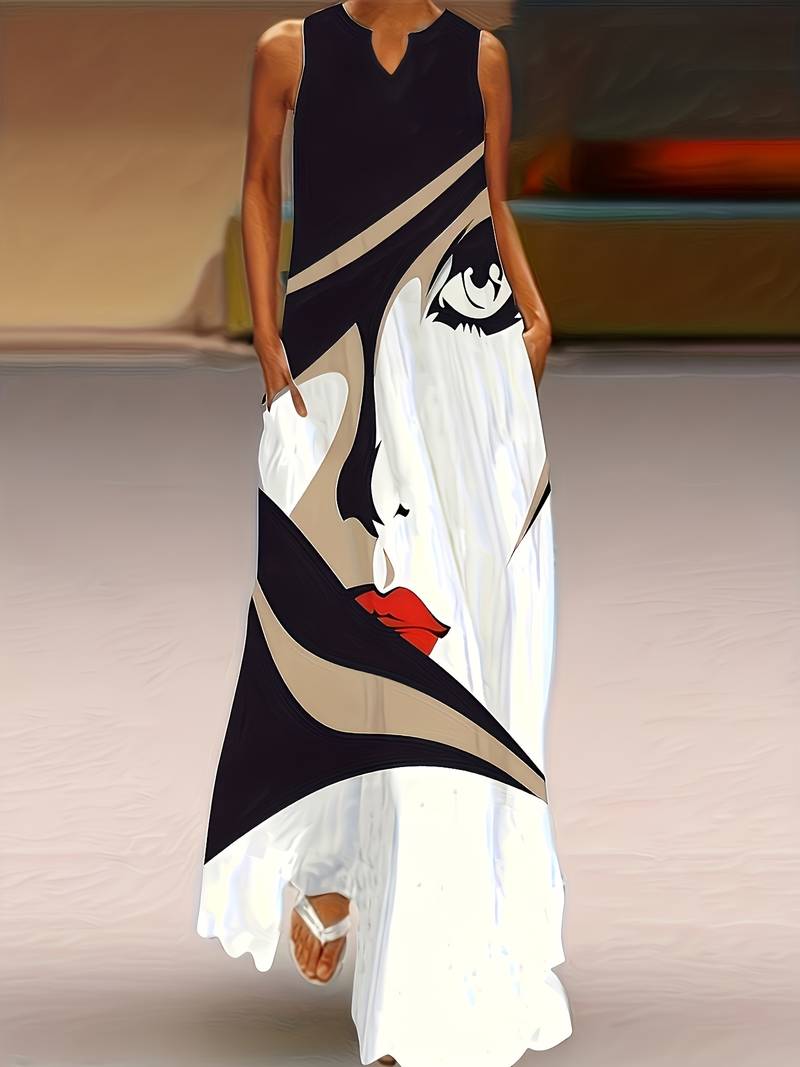 Lange jurk met gezichtsbedrukking en ingekeepte halslijn