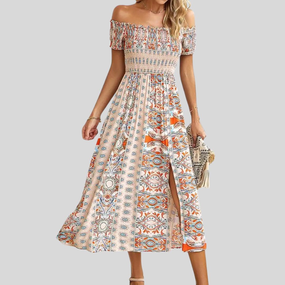 Off-the-shoulder boho maxi jurk met ruches bovenaan