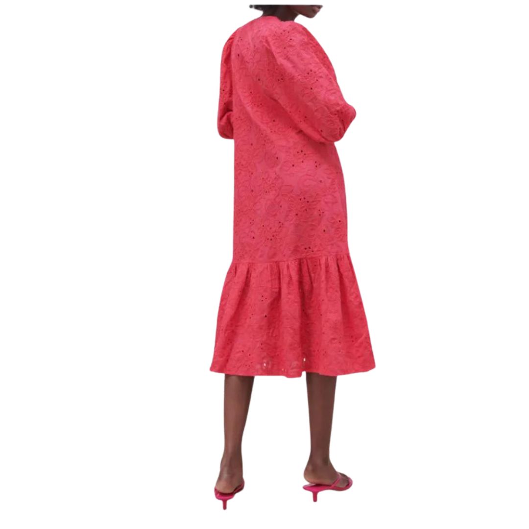 Midi-jurk met eyeletborduursel en pofmouwen