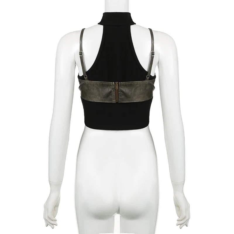 Leren crop top met hoge kraag