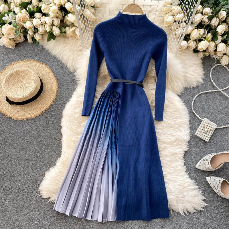 Geplooide midi-jurk met kleurblokdessin