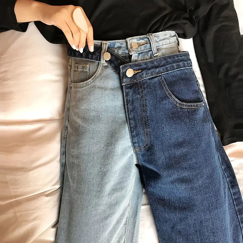 Rechte jeans met hoge taille en contrasterende split