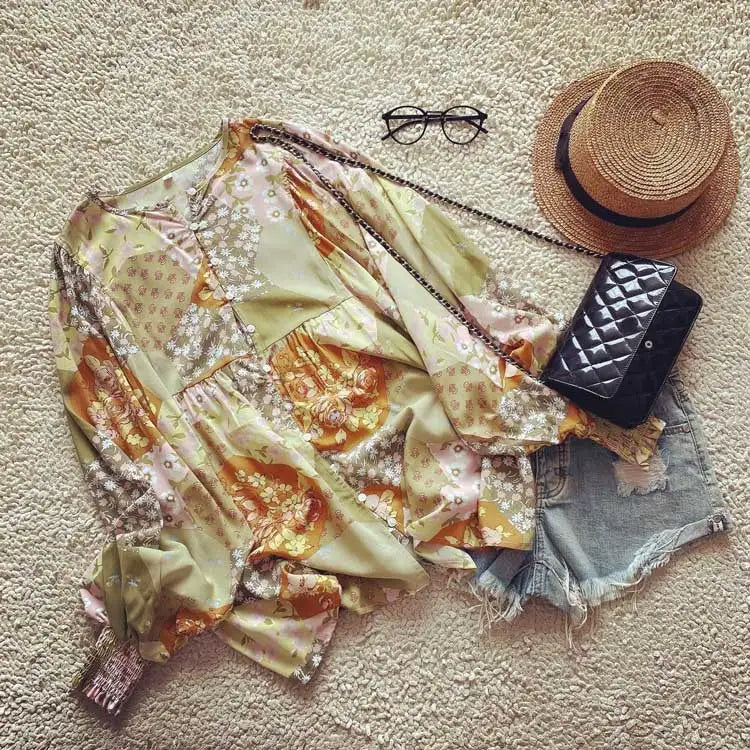 Patchwork boho blouse met knoop