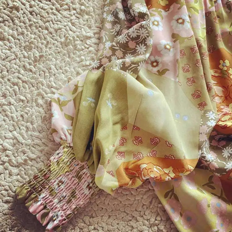 Patchwork boho blouse met knoop