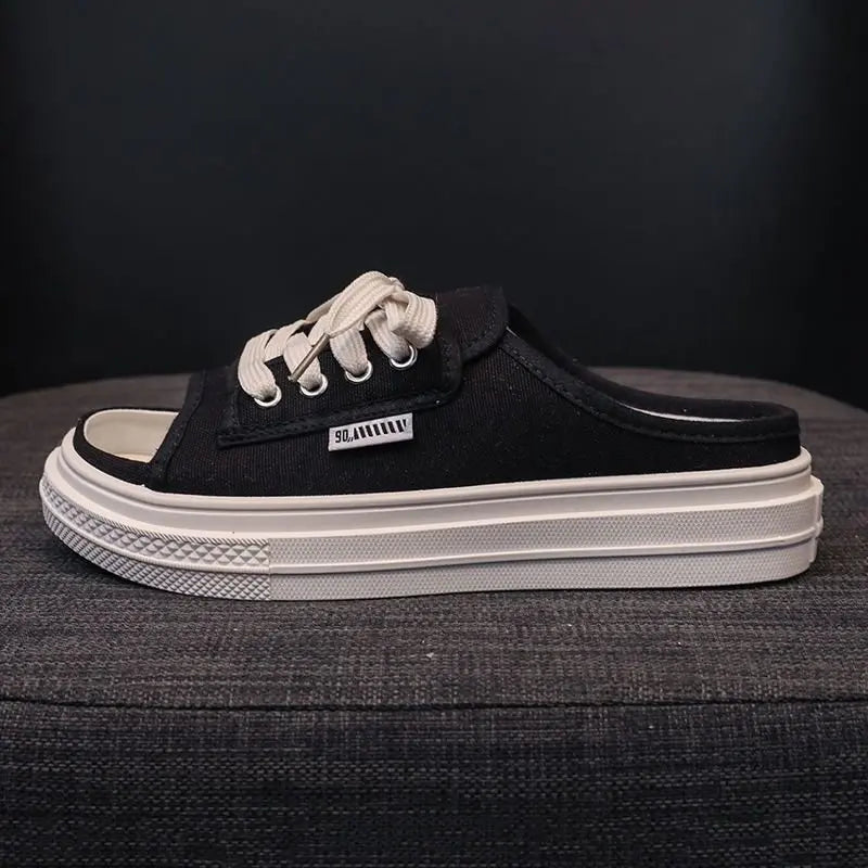 Linnen pantoffels met veters en platte hak