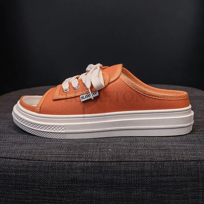 Linnen pantoffels met veters en platte hak