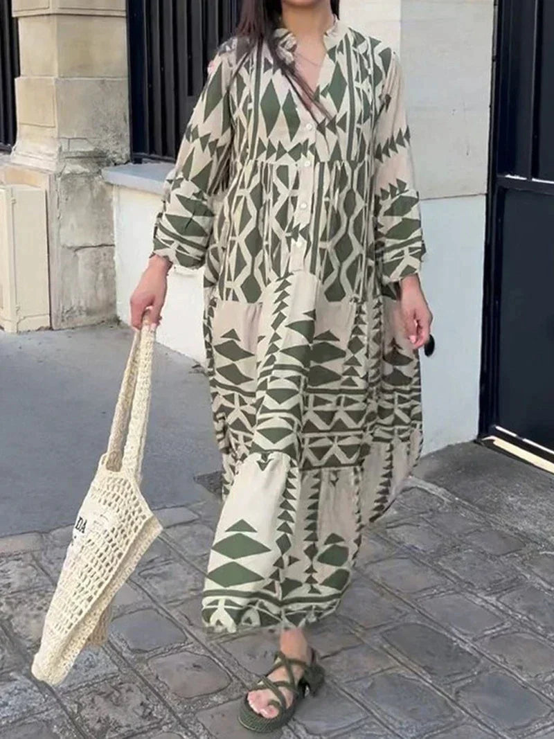 Oversized jurk met retro print en V-halslijn