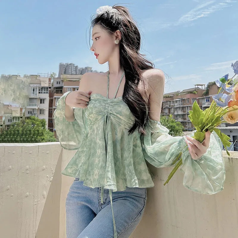 Gebloemde zoete off-the-shoulder chiffon blouse