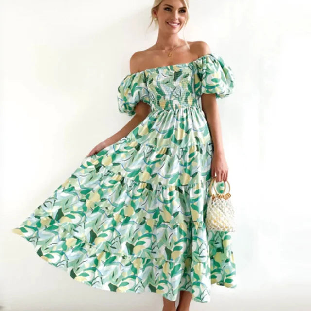 Off-the-shoulder, gestreepte maxi-jurk met bloemenpatroon