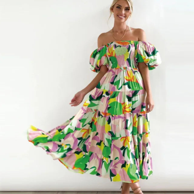 Off-the-shoulder, gestreepte maxi-jurk met bloemenpatroon