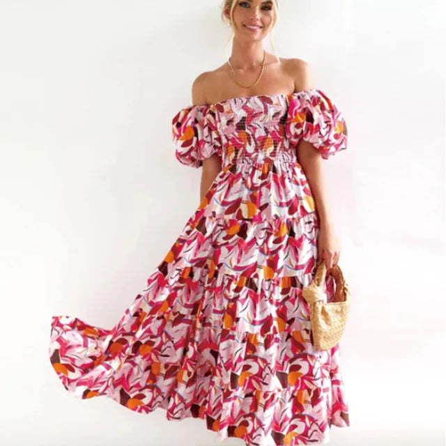Off-the-shoulder, gestreepte maxi-jurk met bloemenpatroon