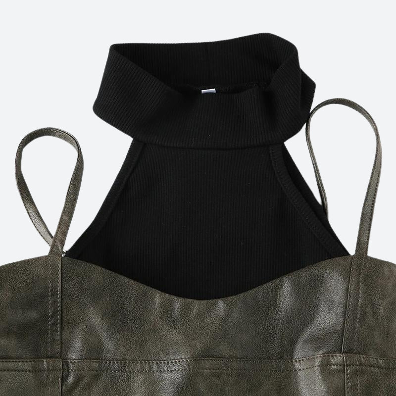 Leren crop top met hoge kraag