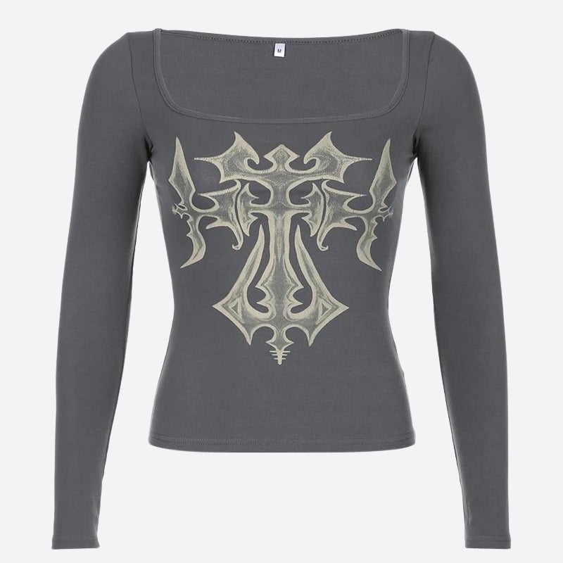 Off-the-shoulder top met lange mouwen en grunge kruis