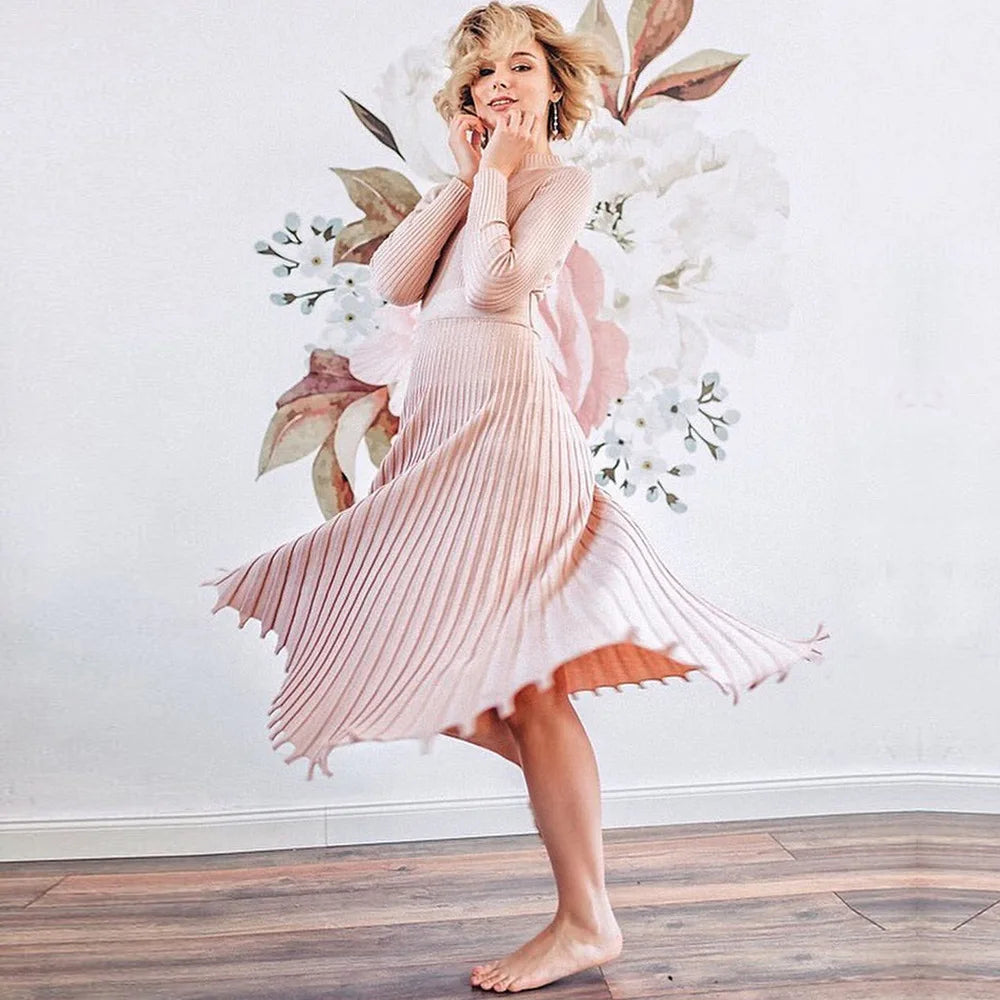 Ribgebreide midi-jurk met uitlopende zoom