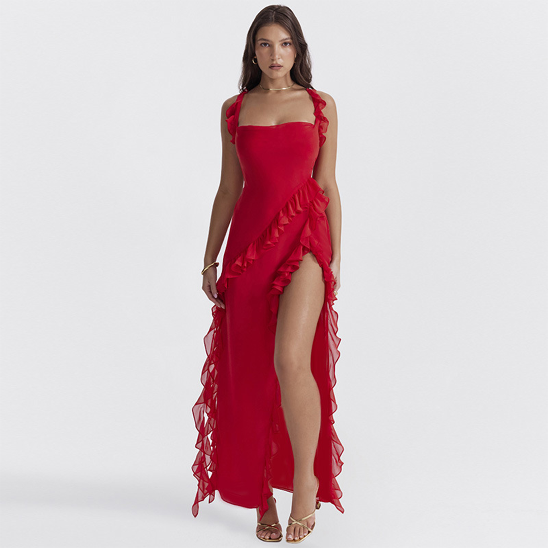 Maxi-jurk met ruches en split