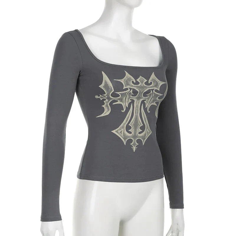 Off-the-shoulder top met lange mouwen en grunge kruis