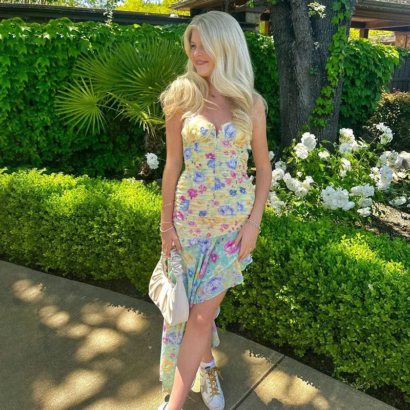 Jurk met sweetheart halslijn en rimpeling in bloemenpatroon