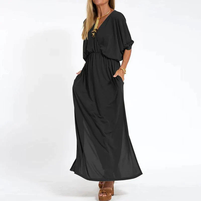 Lange Vintage jurk met zijsplit in hoge taille