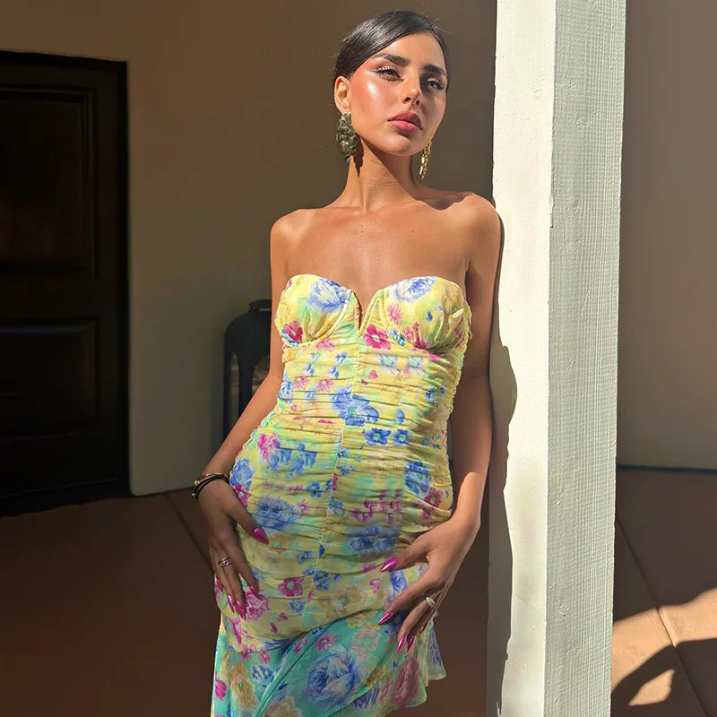 Jurk met sweetheart halslijn en rimpeling in bloemenpatroon