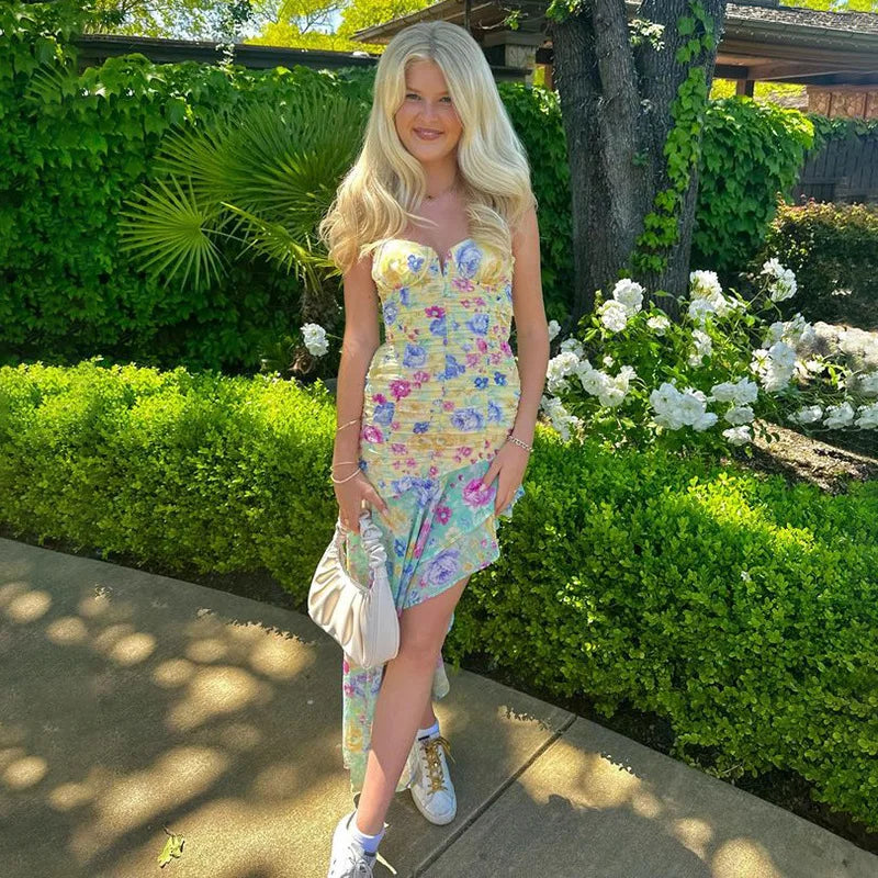 Jurk met sweetheart halslijn en rimpeling in bloemenpatroon