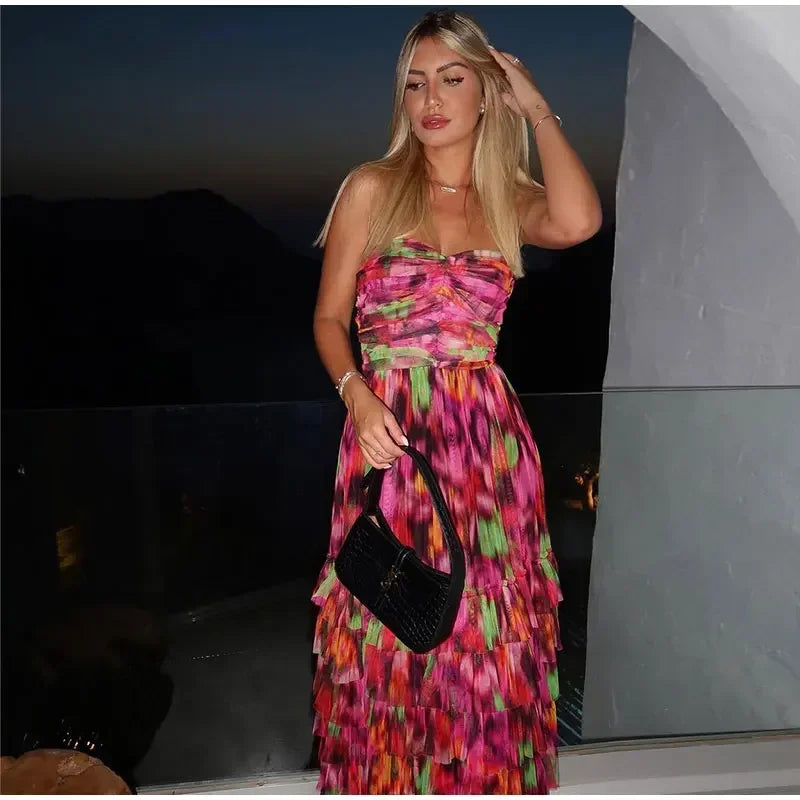 Off-the-shoulder maxi-jurk met plooien en bloemenpatroon