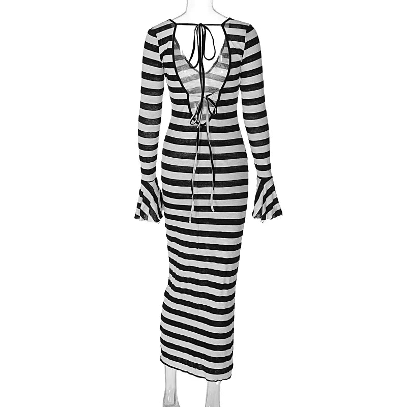 Maxi-jurk met diep decolleté en strepen