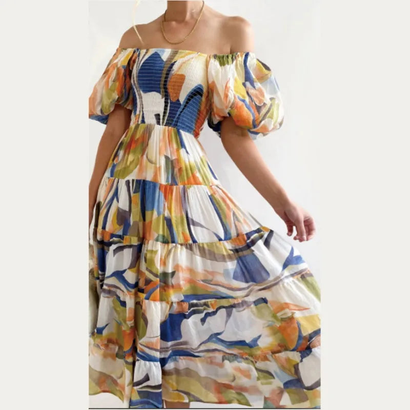 Off-the-shoulder, gestreepte maxi-jurk met bloemenpatroon