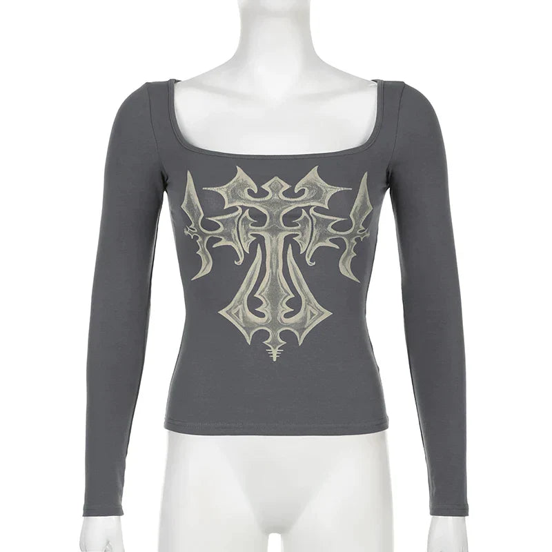 Off-the-shoulder top met lange mouwen en grunge kruis