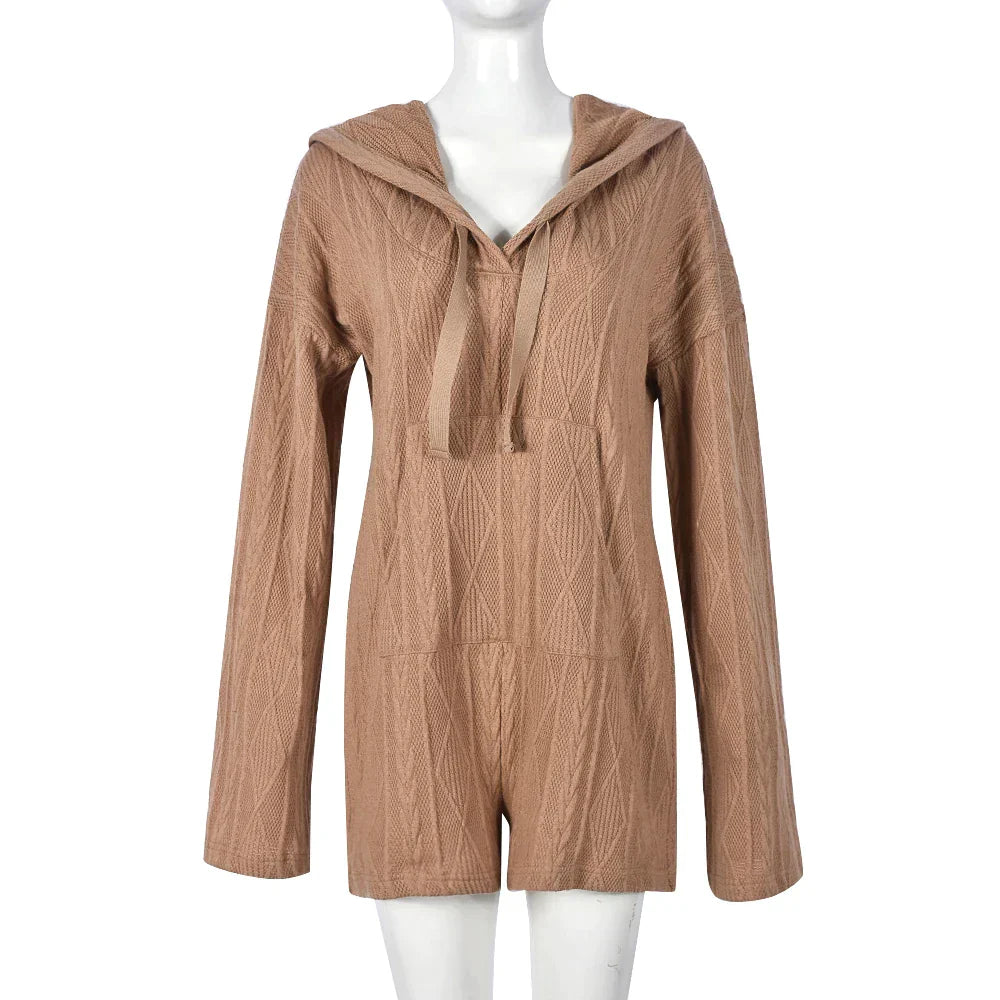 Gestructureerde jumpsuit met capuchon en zakken aan de voorkant