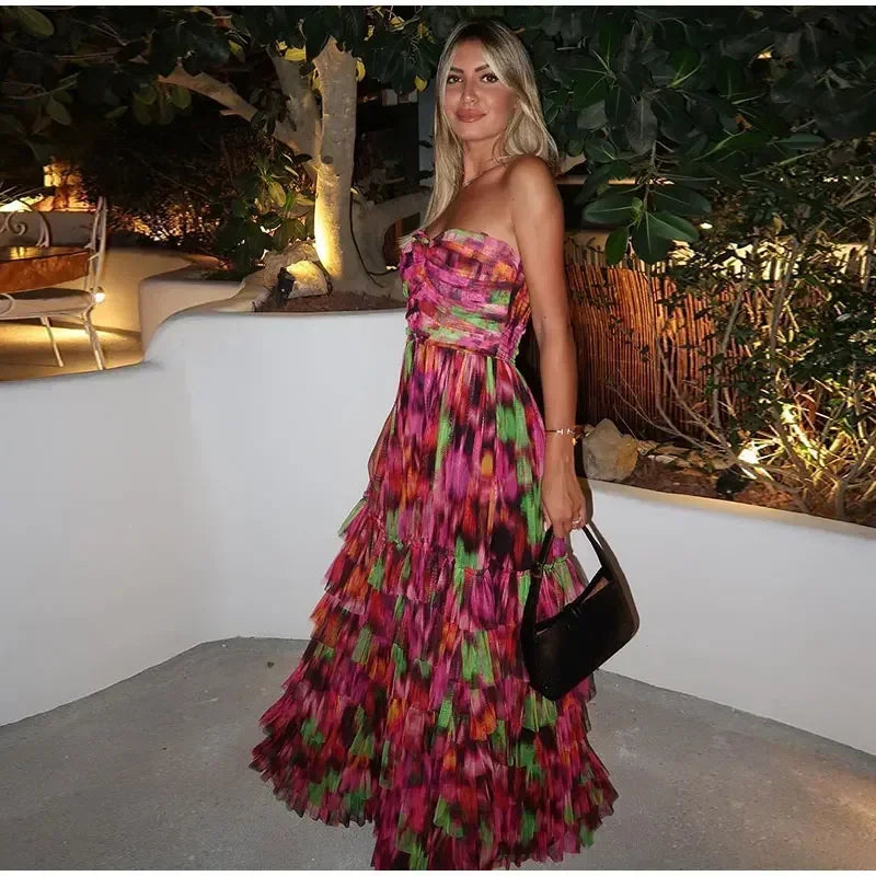 Off-the-shoulder maxi-jurk met plooien en bloemenpatroon