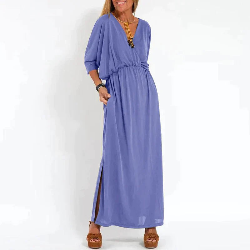Lange Vintage jurk met zijsplit in hoge taille