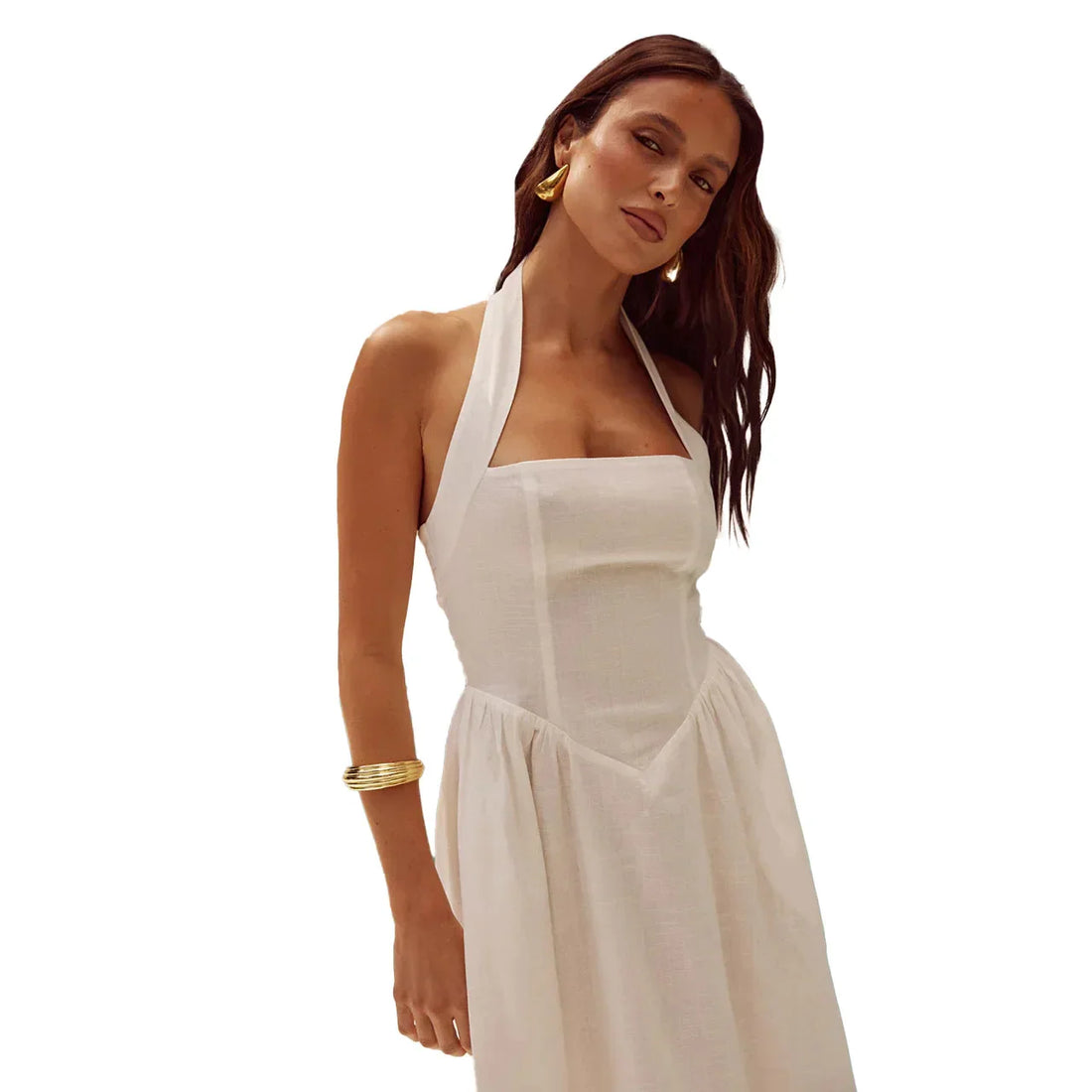 Elegante linnen maxi-jurk met halterneklijn
